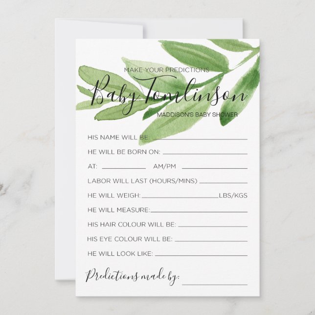 Invitation Baby shower verdoyant Prédictions Guess Card (Devant)