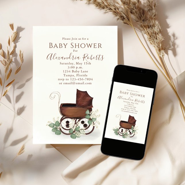 Invitation Baby shower Verdure Aquarelle Moderne Eucalyptus (Baby shower vintage style invitation, )