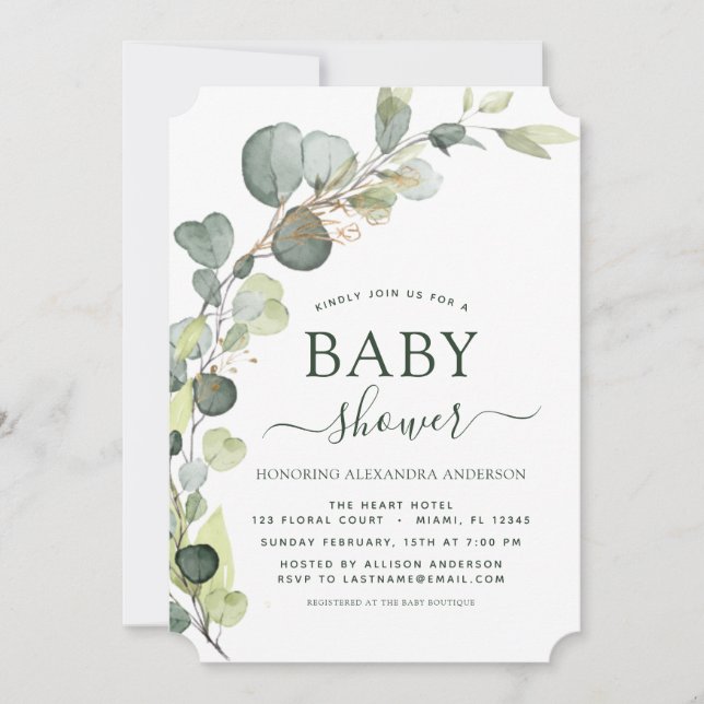 Invitation Baby shower Verdure Eucalyptus Botanique Élégant (Devant)