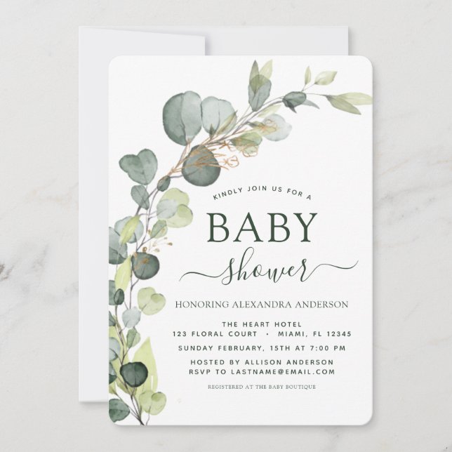 Invitation Baby shower Verdure Eucalyptus Succulent Élégant (Devant)
