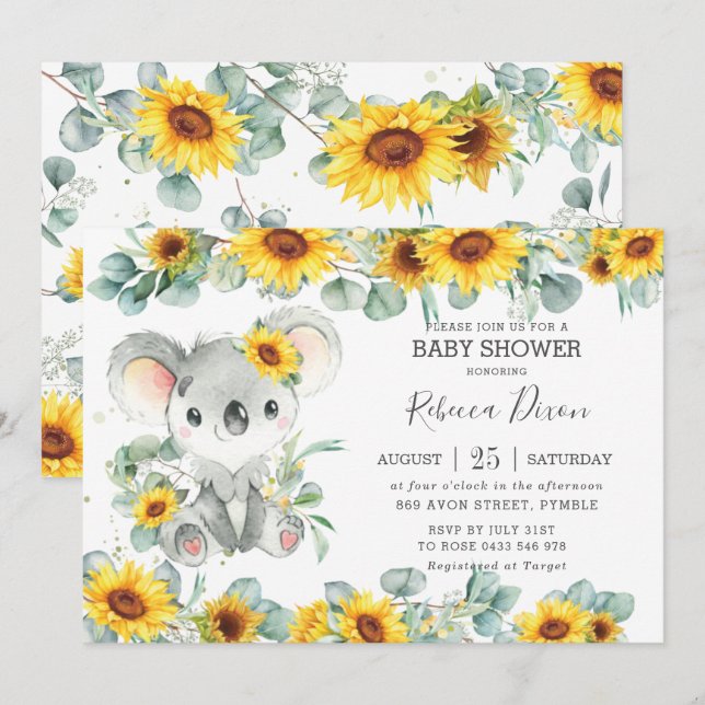 Invitation Baby Shower Verdure Eucalyptus Tournesol Koala (Devant / Derrière)