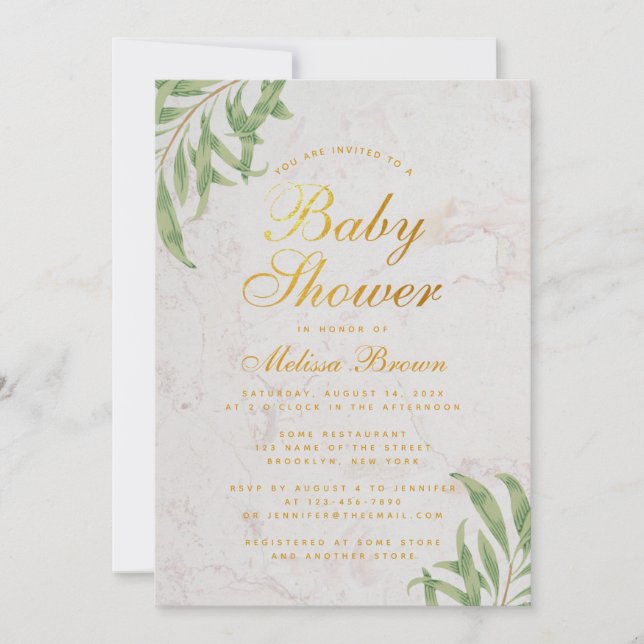 Invitation Baby shower Verdure Marbre Faux Gold Foil Script (Devant)