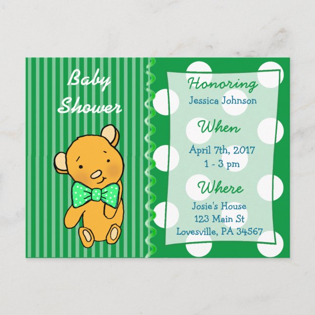 Invitation Baby shower vert à l'ours en peluche mi (Devant)