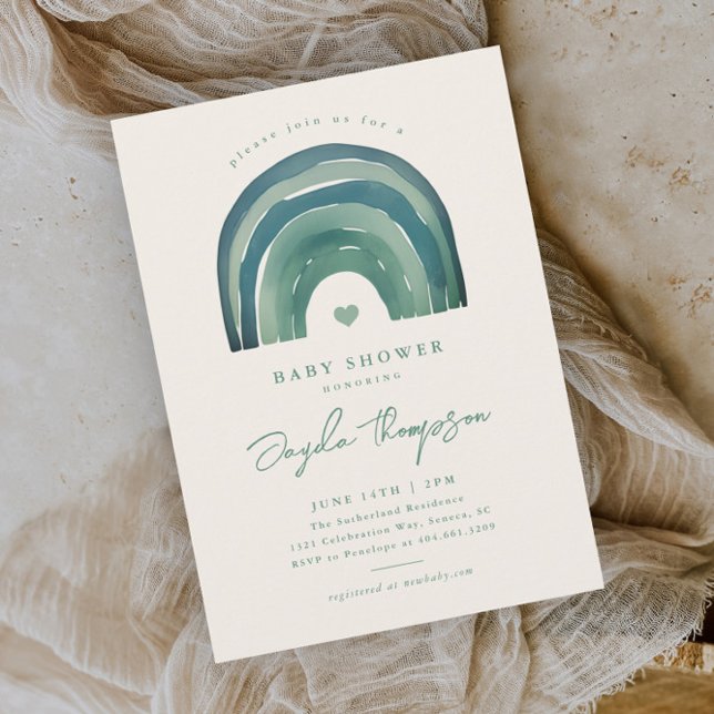 Invitation Baby shower vert Boho Rainbow Sage (Boho rainbow sage green neutral baby shower invitation.)