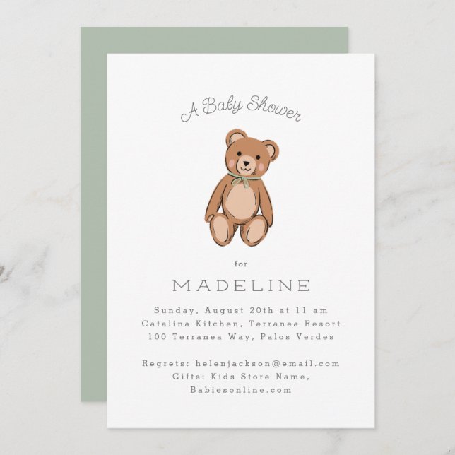 Invitation Baby shower vert classique Teddy Bear Sage (Devant / Derrière)
