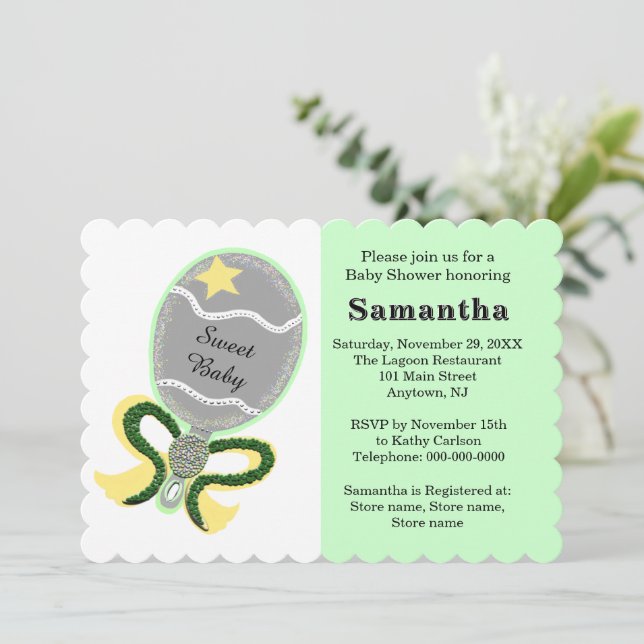 Invitation Baby shower vert de sta jaune (Debout devant)