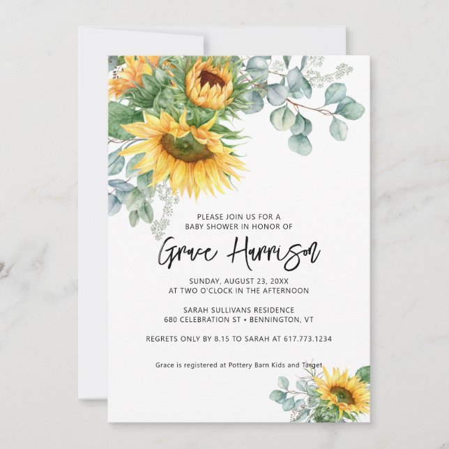 Invitation Baby shower vert de tournesol russe Eucalyptus (Devant)