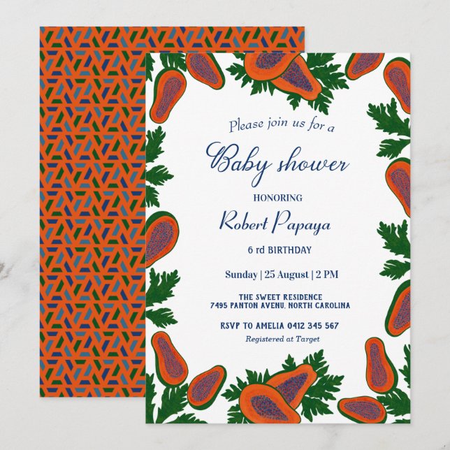 Invitation Baby shower vert d'été frais et sucré de Papaya (Devant / Derrière)