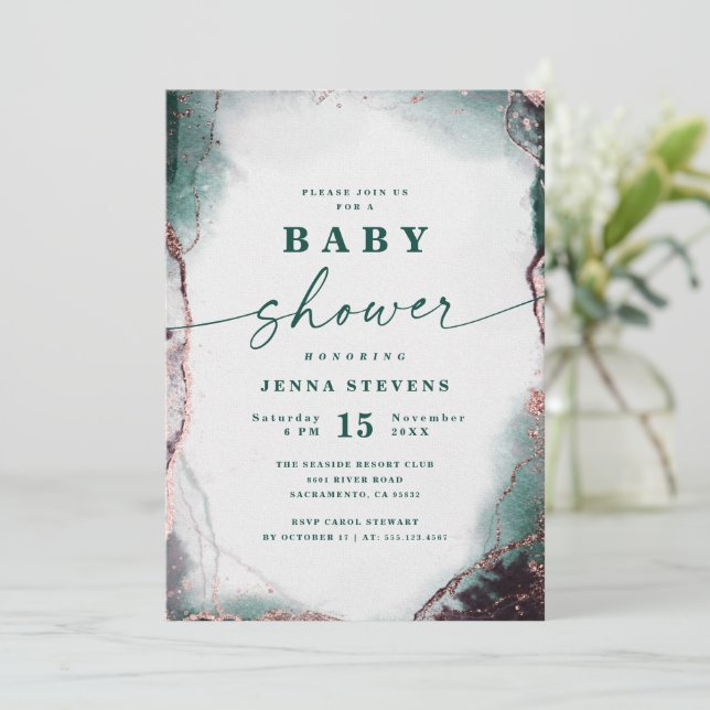 Invitation Baby shower vert émeraude Abstrait moderne (Debout devant)