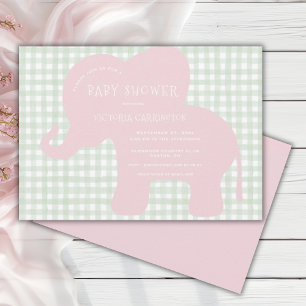 Invitation Baby shower vert En vichy Eléphant rose mignon