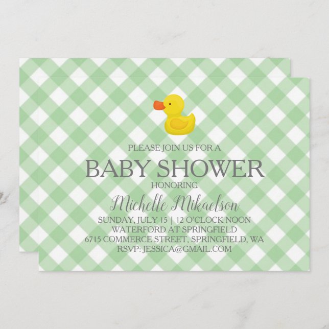 Invitation Baby shower vert En vichy en caoutchouc (Devant / Derrière)