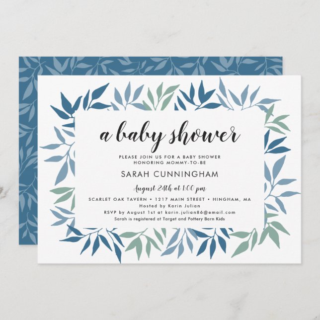Invitation Baby shower vert encadré Feuille bleu et vert (Devant / Derrière)