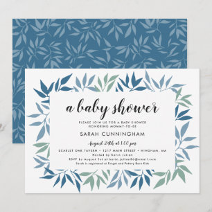 Invitation Baby shower vert encadré Feuille bleu et vert