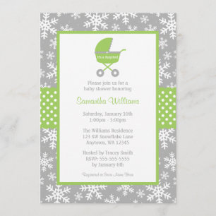 Invitation Baby shower vert et gris de flocons de neige de