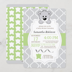 Invitation Baby shower vert et gris d'ours de nounours