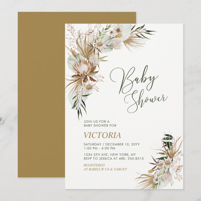 Invitation Baby Shower Vert et Or Boho Botanique (Devant / Derrière)