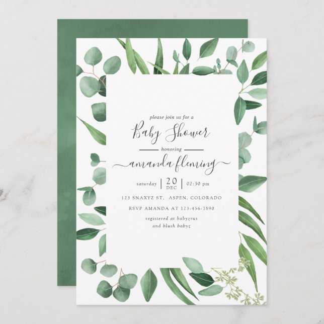 Invitation Baby shower vert Eucalyptus (Devant / Derrière)