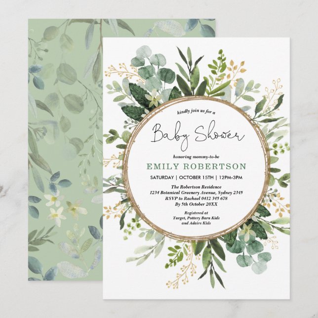 Invitation Baby shower vert Eucalyptus Gold Neutral (Devant / Derrière)
