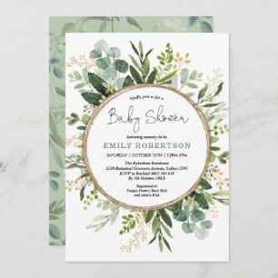 Invitation Baby shower vert Eucalyptus Gold Neutral