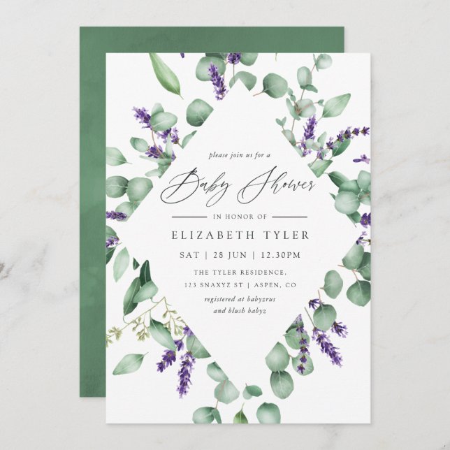 Invitation Baby shower vert Eucalyptus Lavender (Devant / Derrière)