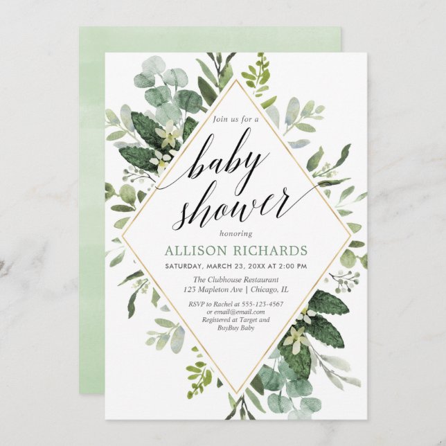 Invitation Baby shower vert eucalyptus sans sexe (Devant / Derrière)