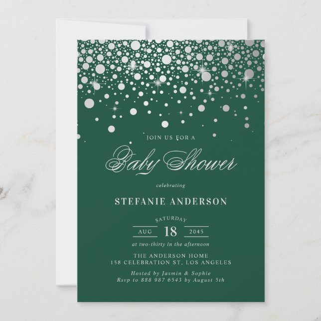 Invitation Baby shower vert Faux Silver Foil Confetti Points (Devant)