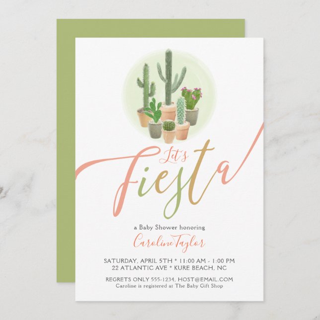 Invitation Baby shower vert Fiesta Cactus Coral Sage (Devant / Derrière)