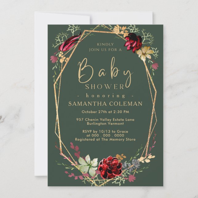 Invitation Baby shower vert foncé du Fleur sauvage Boho géomé (Devant)