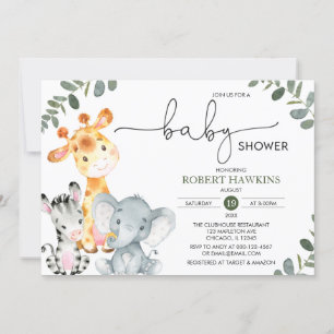 Invitation Baby shower vert Genre Neutre Safari Animaux