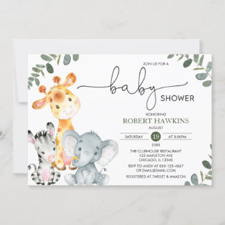 Invitation Baby shower vert Genre Neutre Safari Animaux