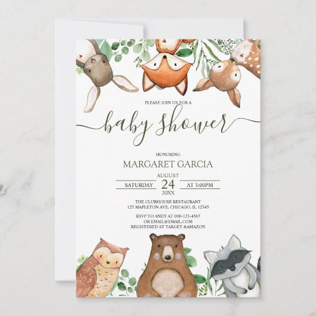 Invitation Baby shower vert genre Neutre WOODLAND (Devant)