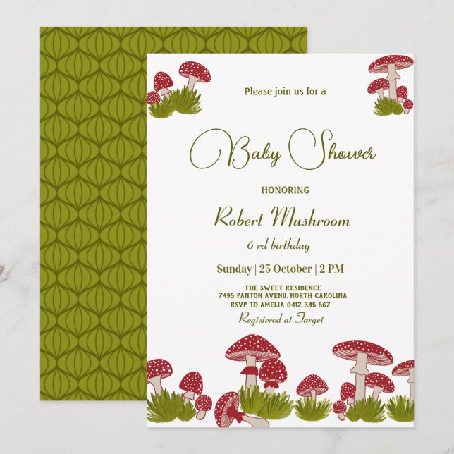Invitation Baby shower vert Goblincore Fly Mushrooms (Devant / Derrière)