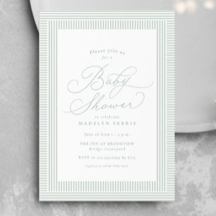 Invitation Baby shower vert neutre rayé seersucker élégant