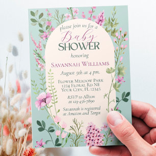 Invitation Baby shower vert pourpre Fleur sauvage d'aquarelle