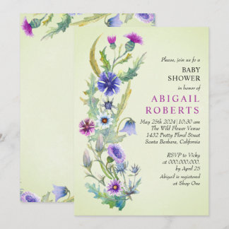 Invitation Baby shower vert printemps fleur sauvage d'aquarel
