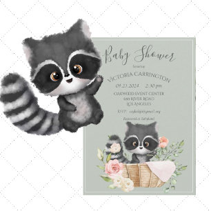 Invitation Baby shower vert Racoon Watercolor Sage