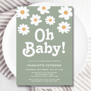 Invitation Baby shower vert Retro Daisy Sage