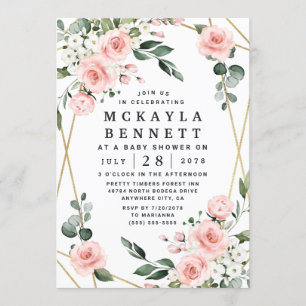 Invitation Baby shower vert rose et or floral