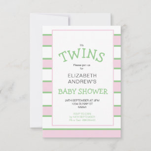 Invitation Baby shower vert rose rayé Twins