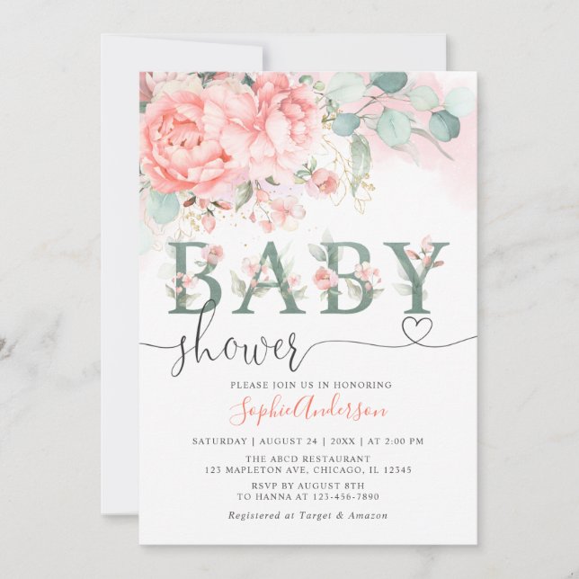Invitation Baby shower vert rose rose rose rose or élégant (Devant)