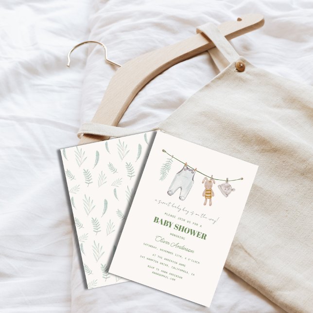 Invitation Baby shower vert Sage Boho Vêtements pour garçons (Sage Green Baby Shower Boho Boy Clothes Invitation)