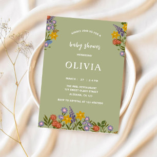 Invitation Baby shower Vert Sage moderne Floral Élégant