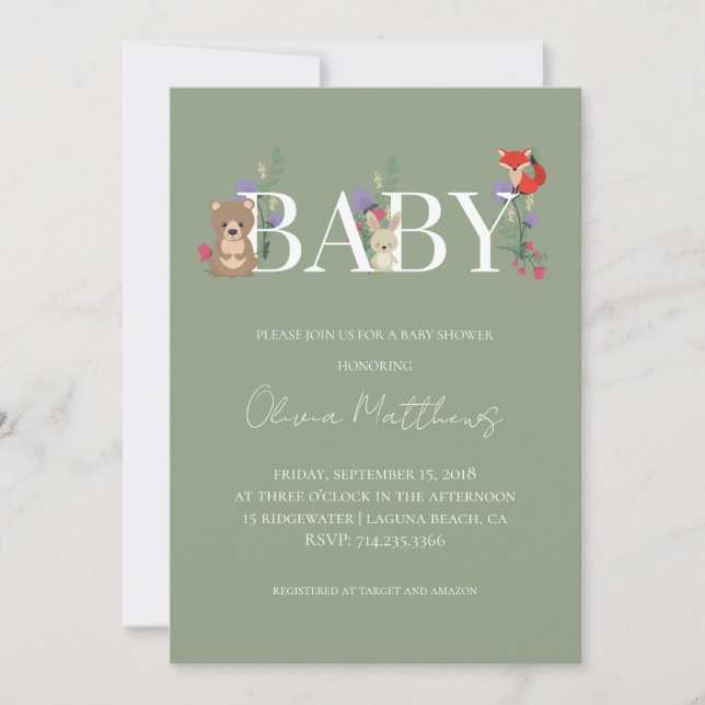 Invitation Baby Shower Vert Sauge de la Forêt  (Devant)