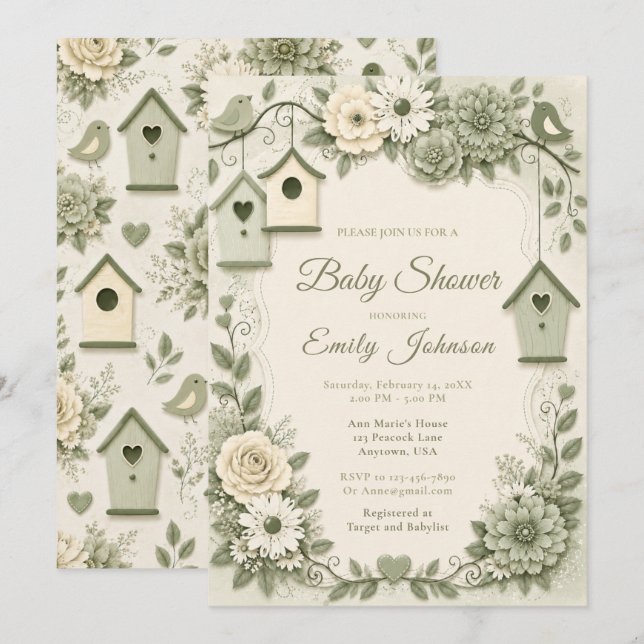 Invitation Baby Shower Vert Sauge et Crème (Devant / Derrière)