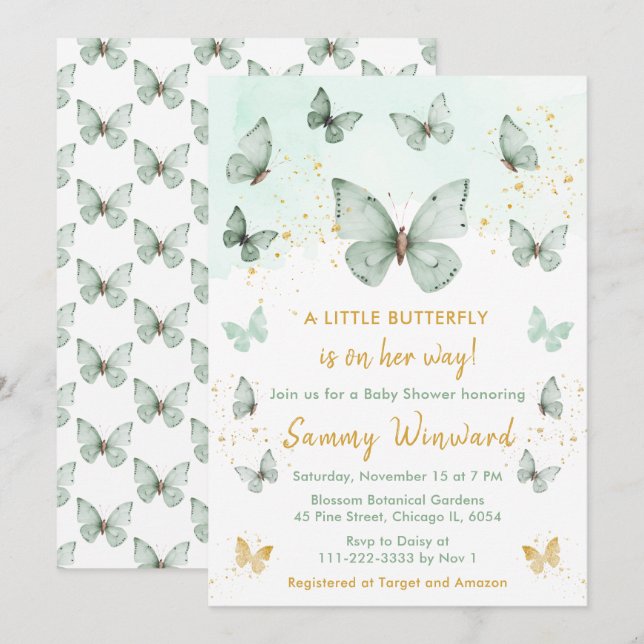 Invitation Baby Shower Vert Sauge et Papillon Doré (Devant / Derrière)