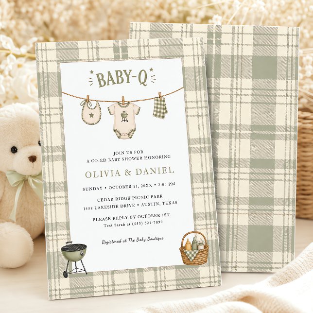 Invitation Baby Shower Vert Sauge Gingham BBQ Rustique (Sage Green Gingham Baby Shower Rustic BBQ Invitation)