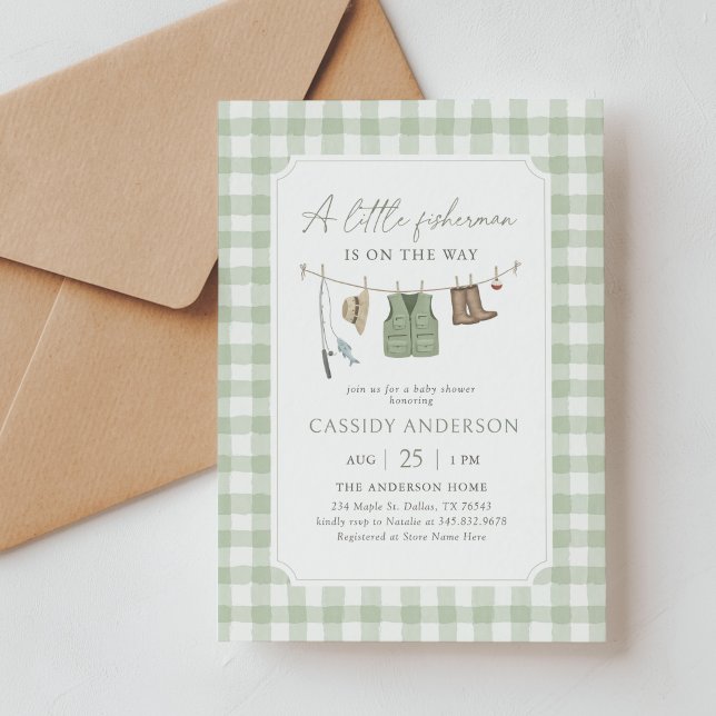 Invitation Baby Shower Vert Sauge Gingham Pêche (Créateur téléchargé)