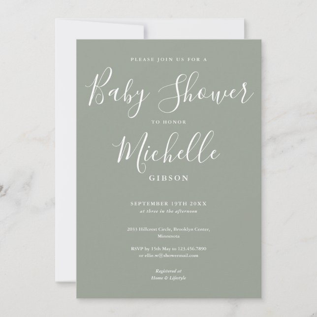 Invitation Baby Shower Vert Sauge Unisexe (Devant)