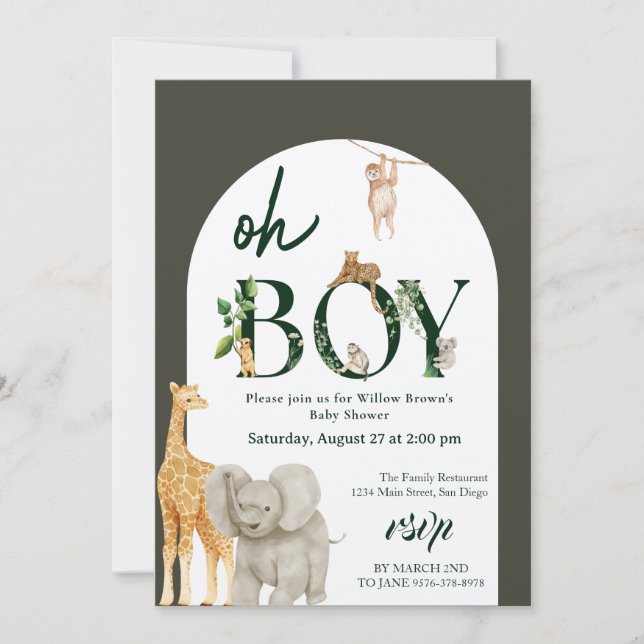 Invitation baby shower vert sauvage Safari animal Jungle (Devant)