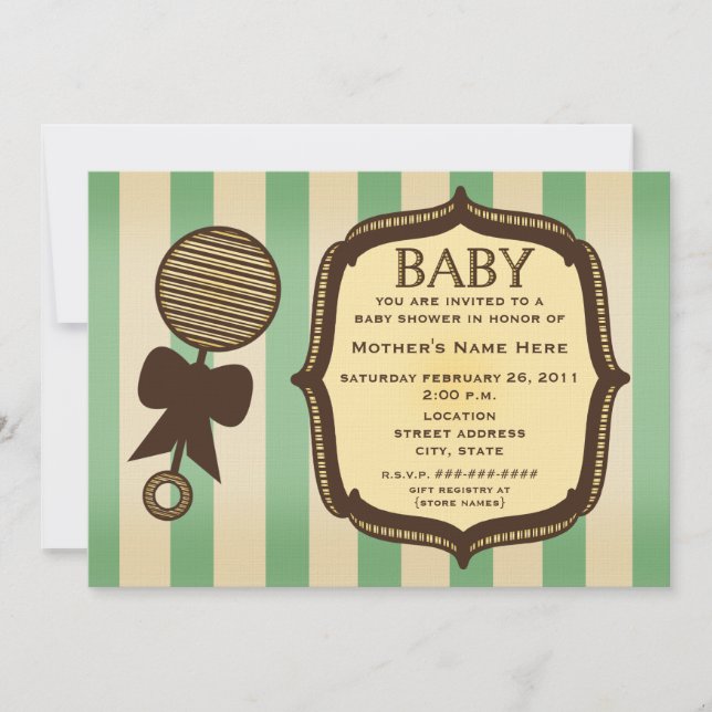 Invitation Baby shower vert Vintage Rattle & Stripes (Devant)